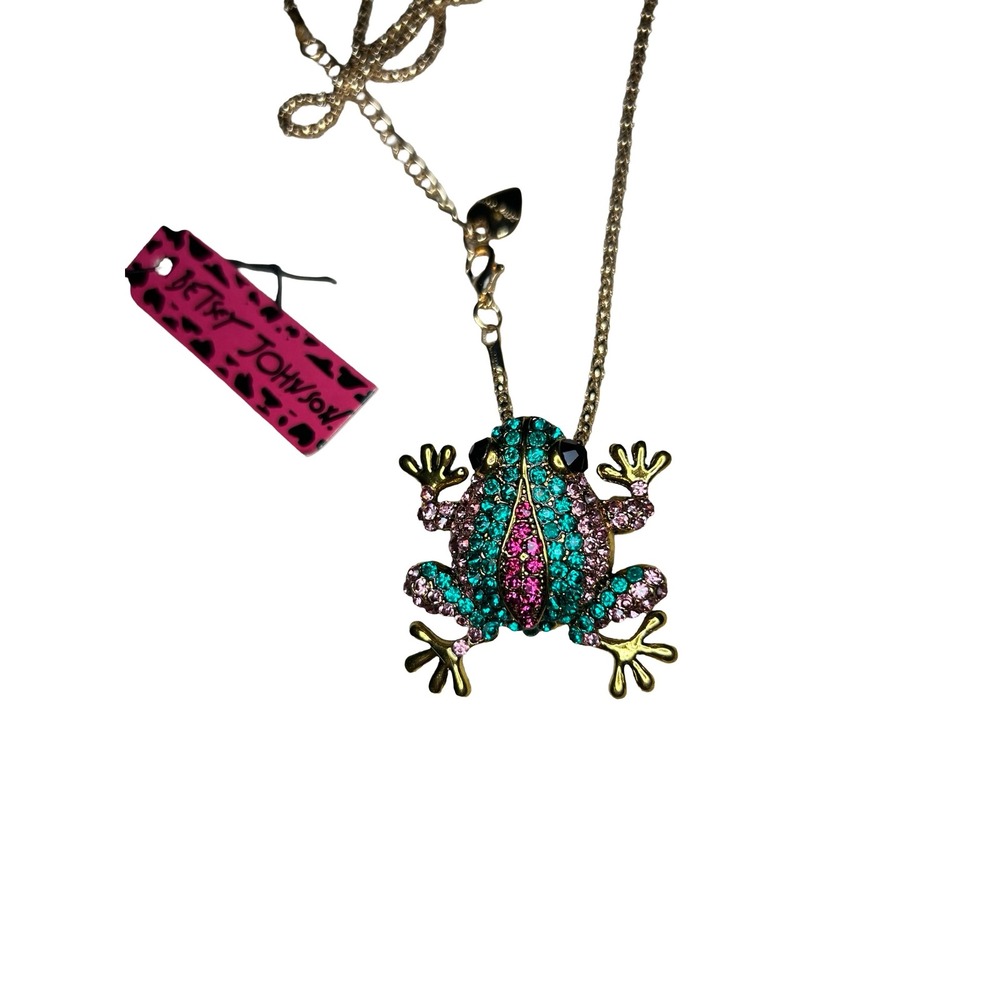 Betsey Johnson Multi-Color Crystal Frog Pendant Necklace Brooch Gold Tone NEW